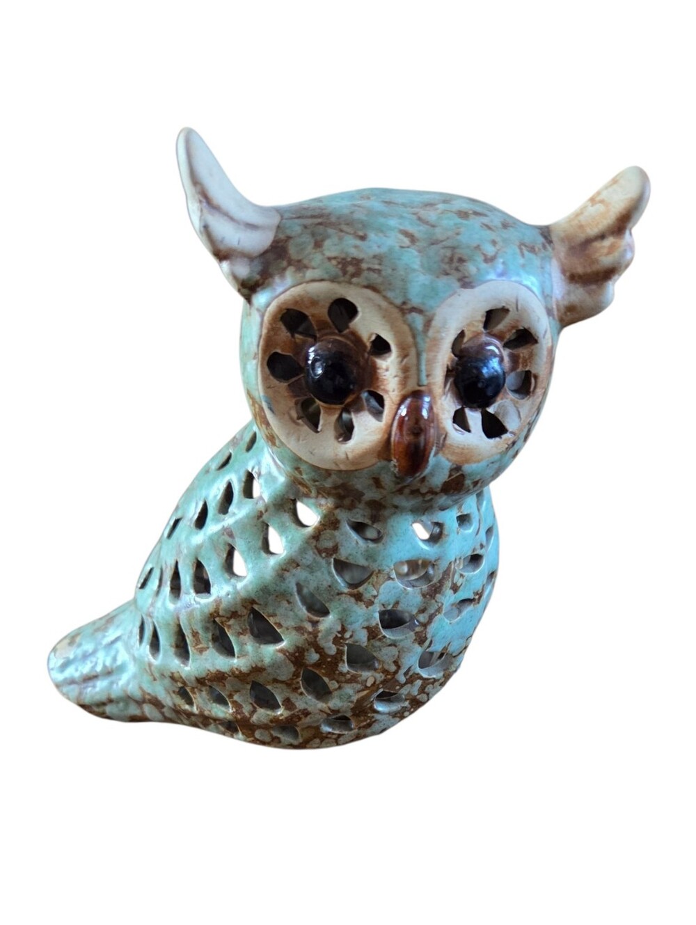 Vintage Ceramic Horned Owl Luminary Votive Candle Holder Cottagecore Figurine